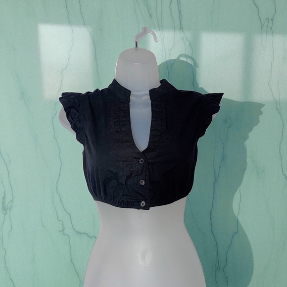 New Medium Black Ruffle Sleeve Dirndl Undershirt Top‎ Long High V Neck Blouse - Picture 4 of 6